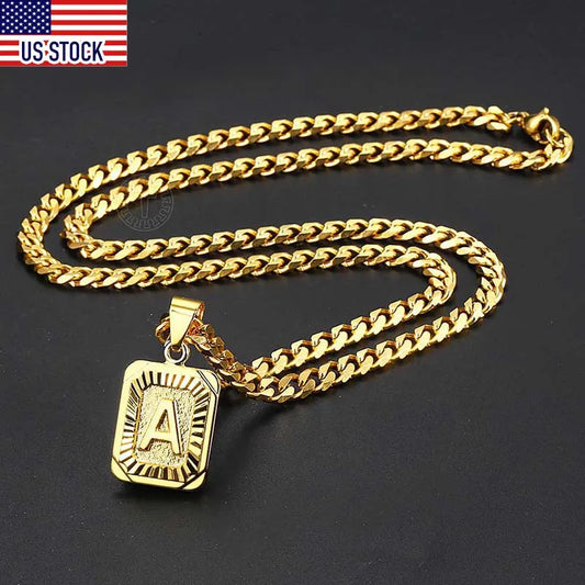 A-Z Pendant Letter Necklace for Men Women Stainless Steel Curb Cuban Chain Wholesale Dropshipping Jewelry US Stock 18inch DGP62